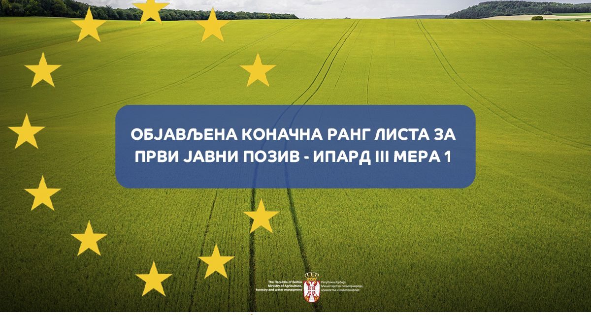Објављена Коначна ранг листа за Први јавни позив – ИПАРД III Мера 1